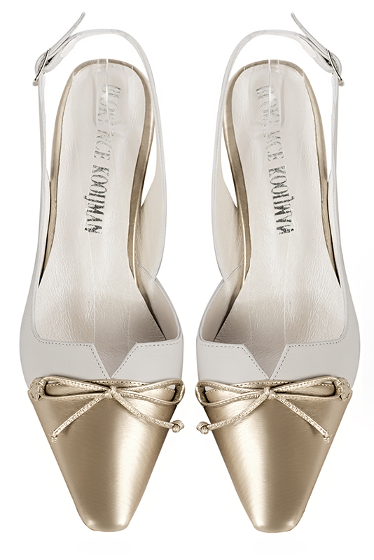 Gold and off white women's open back shoes, with a knot. Tapered toe. Low kitten heels. Top view - Florence KOOIJMAN